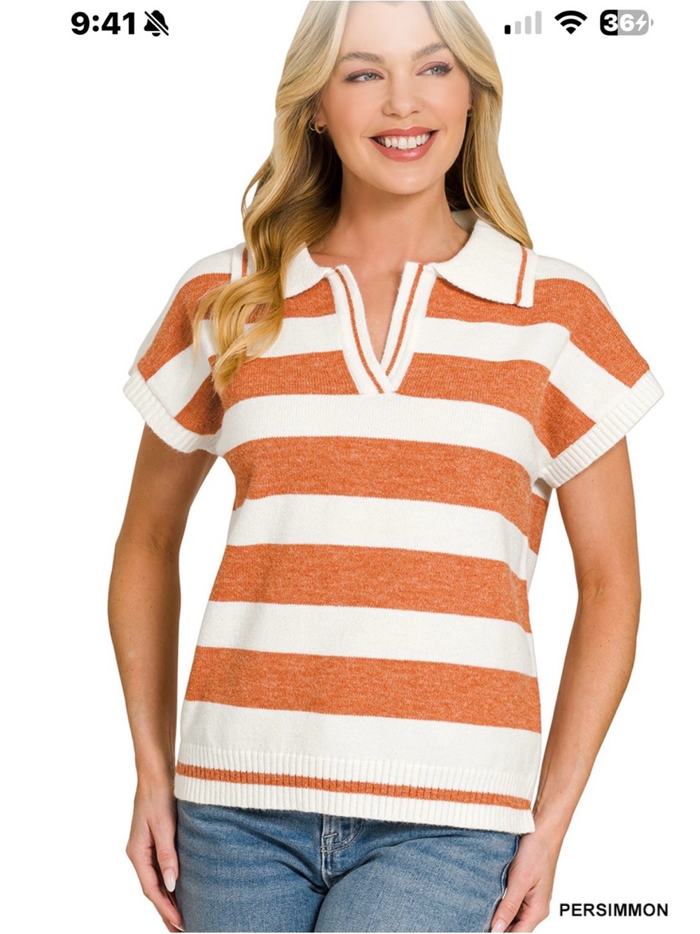 ZENANA Striped Orange & Ivory Knit Polo Sweater Top